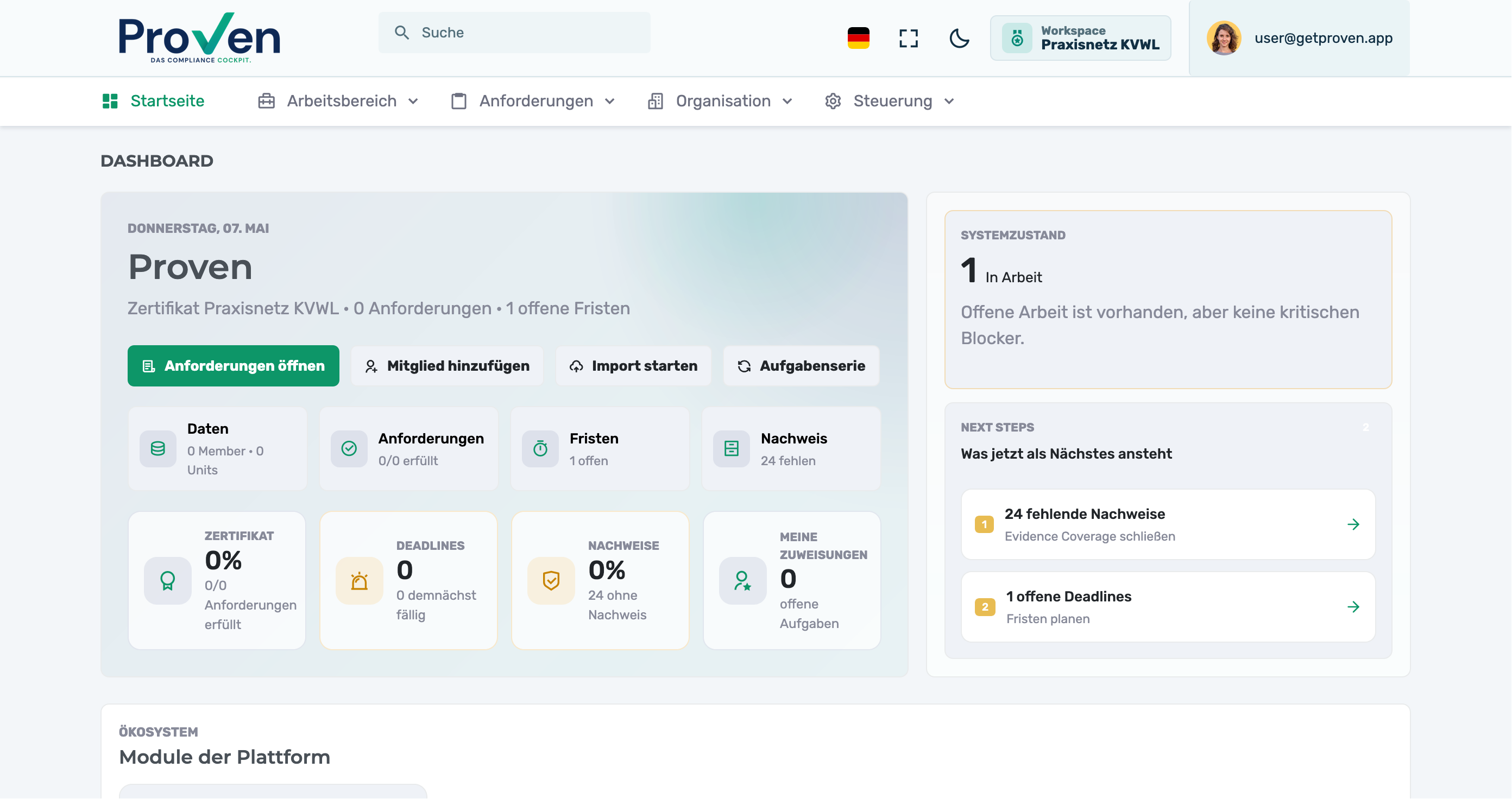 Dashboard der Proven Plattform mit Anforderungen, Nachweisen, Fristen und Systemzustand